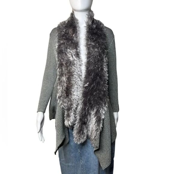 Lauren Michelle Faux Fur Lined Asymmetrical Open Front Cardigan silver Large - Picture 1 of 7